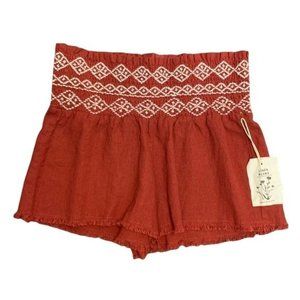 Indigo Rein Burnt Orange Smocked Embroidered Raw Hem Linen Blend Shorts Small